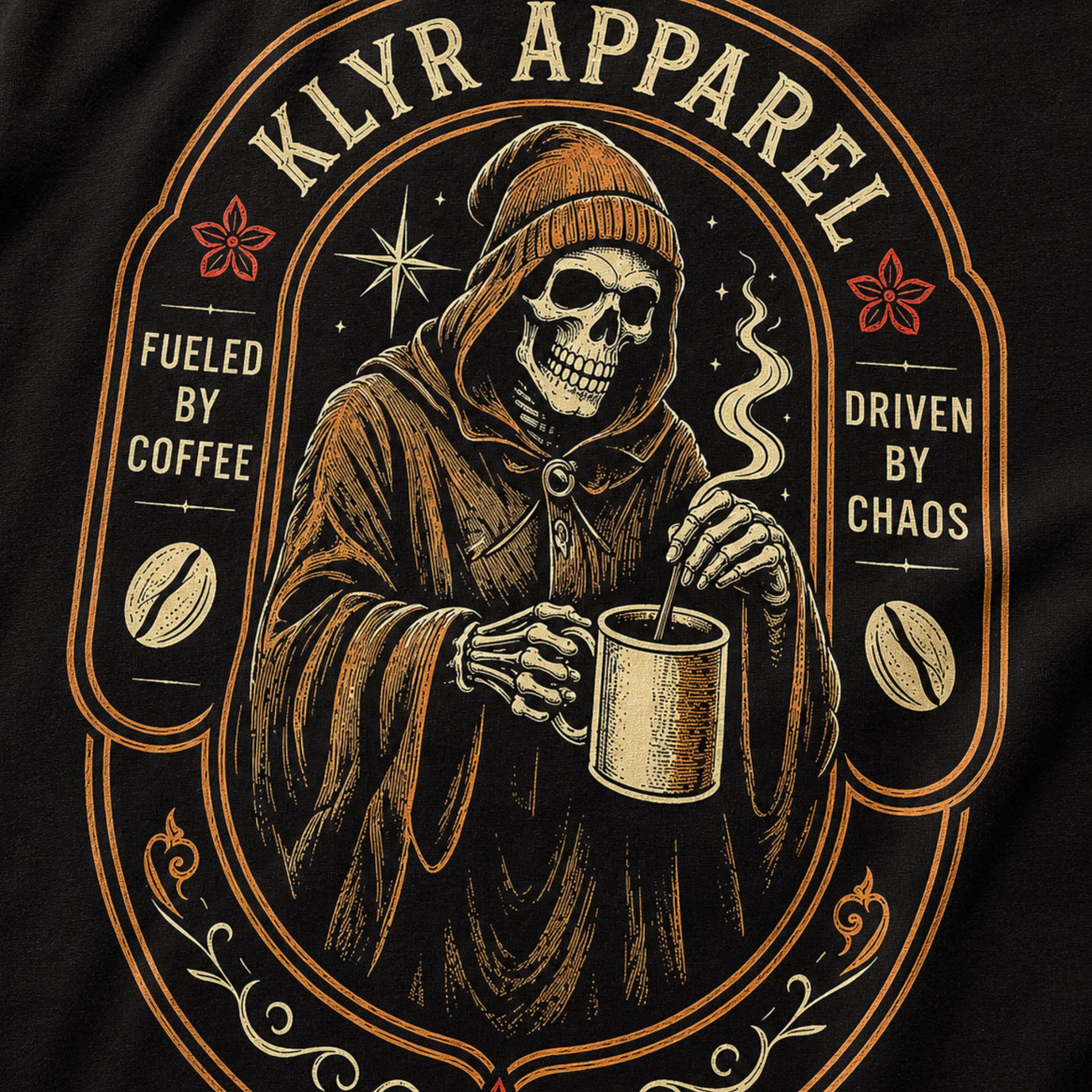 Close-up of the hooded skeleton, coffee mug, and Driven by Chaos artwork on the Fueled by Coffee Tee.