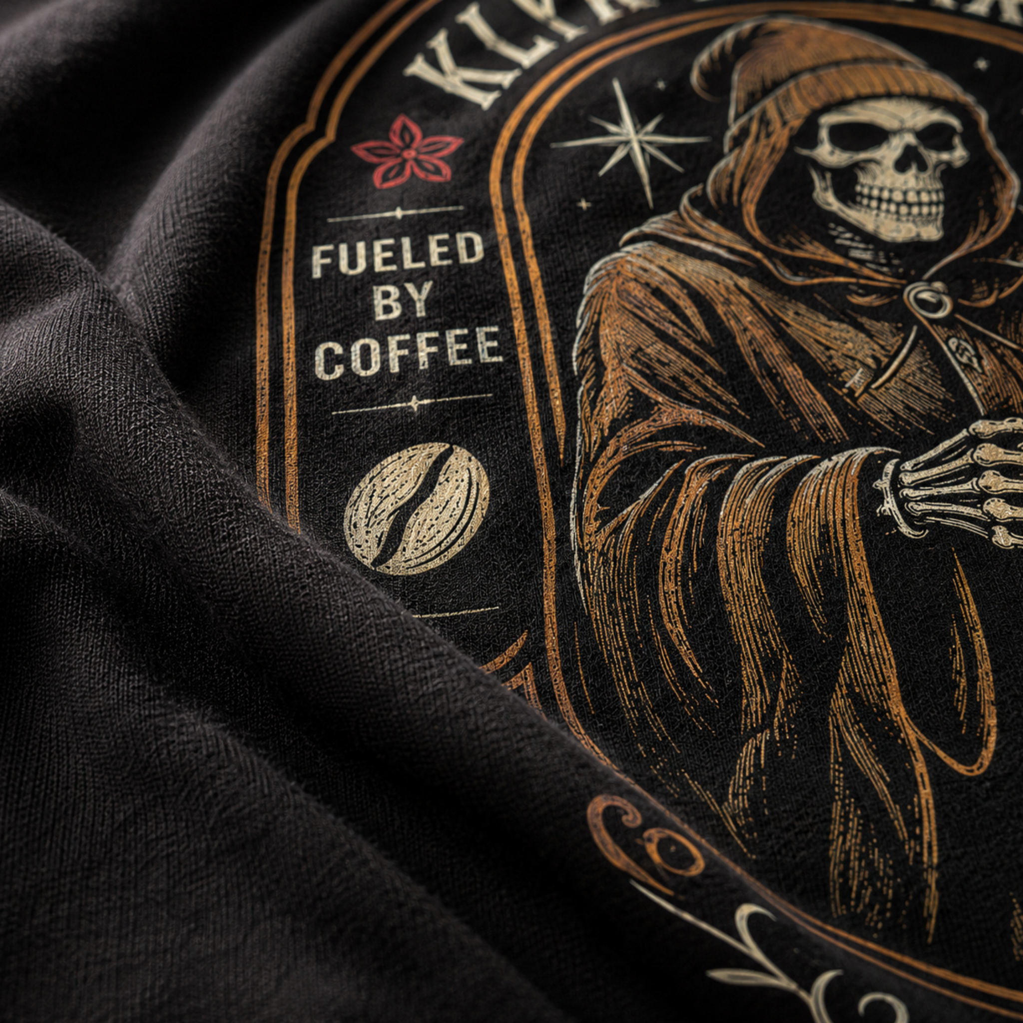 Close-up of the soft black Next Level 6210 fabric and distressed print on the Fueled by Coffee Tee.