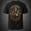 Back view of the black KLYR Fueled by Coffee Tee featuring a hooded skeleton holding a steaming coffee mug.