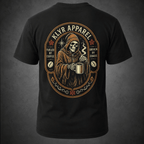 Back view of the black Fueled by Coffee Tee featuring a hooded skeleton holding a steaming coffee mug. 