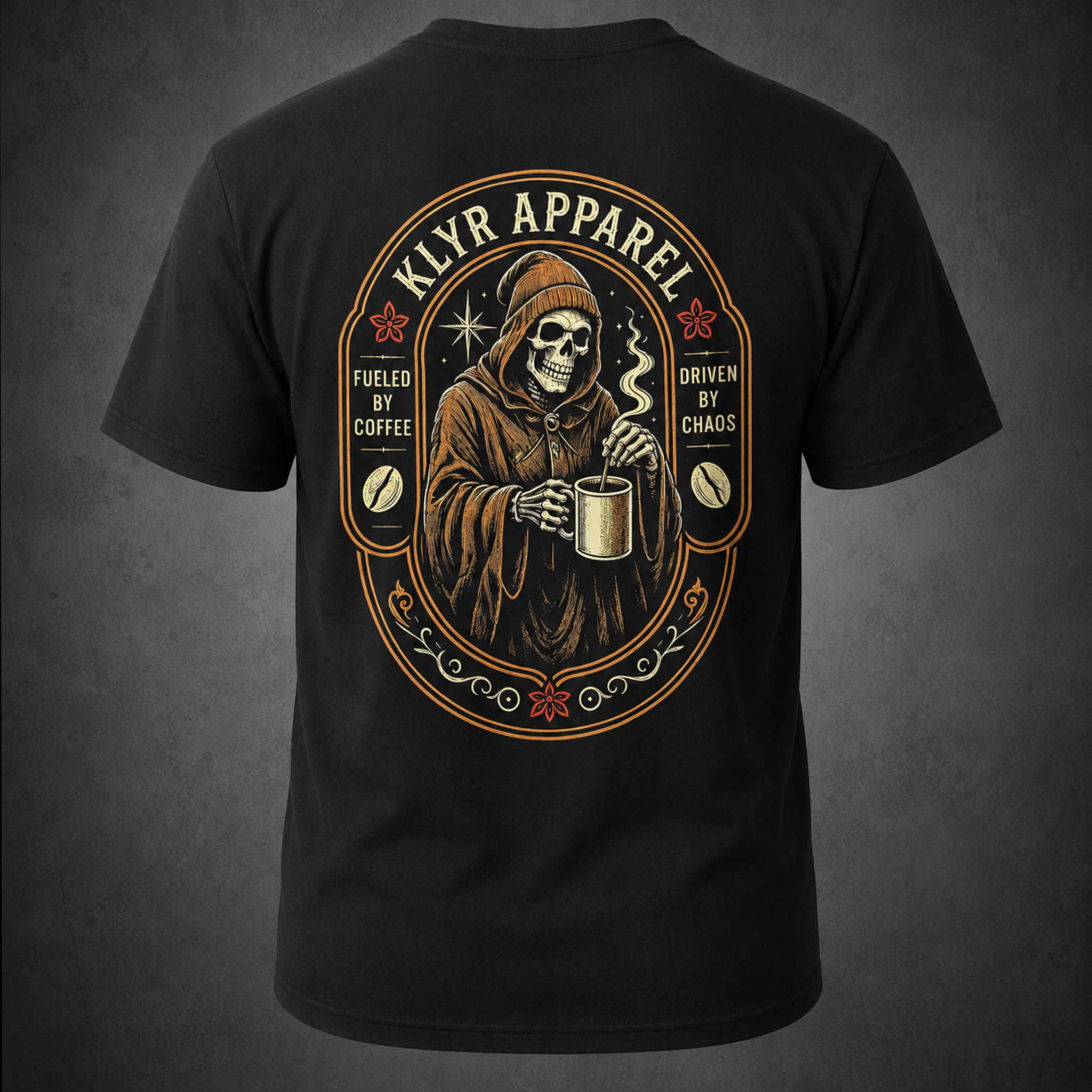 Back view of the black KLYR Fueled by Coffee Tee featuring a hooded skeleton holding a steaming coffee mug.