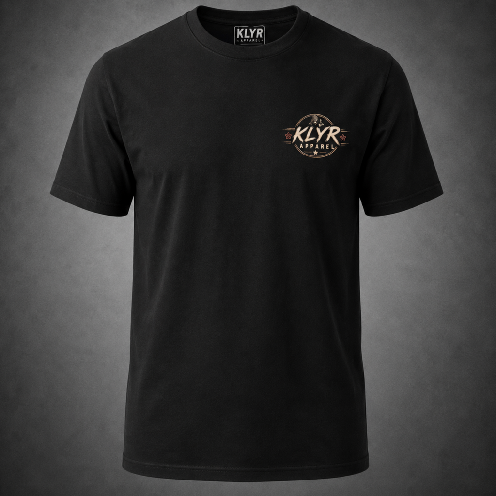 Front view of the black Fueled by Coffee Tee featuring a small matching KLYR Apparel chest badge.