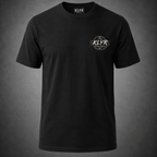 Close-up of the hooded skeleton, coffee mug and Fueled by Coffee artwork on the black KLYR tee. 
