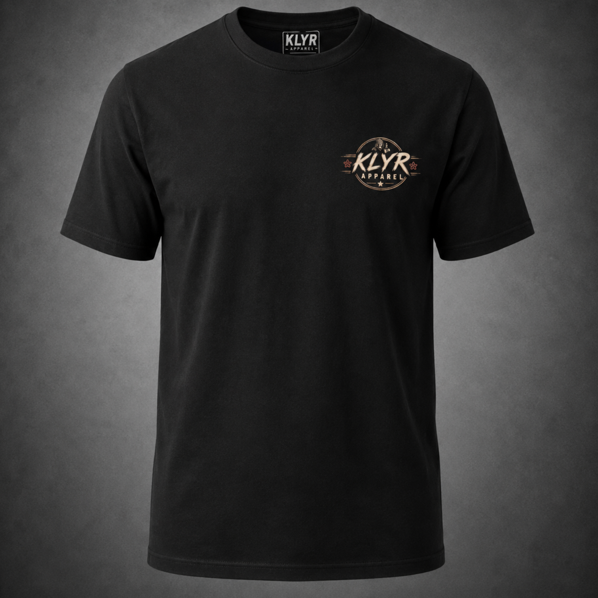 Front view of the black Fueled by Coffee Tee featuring a small matching KLYR Apparel chest badge.