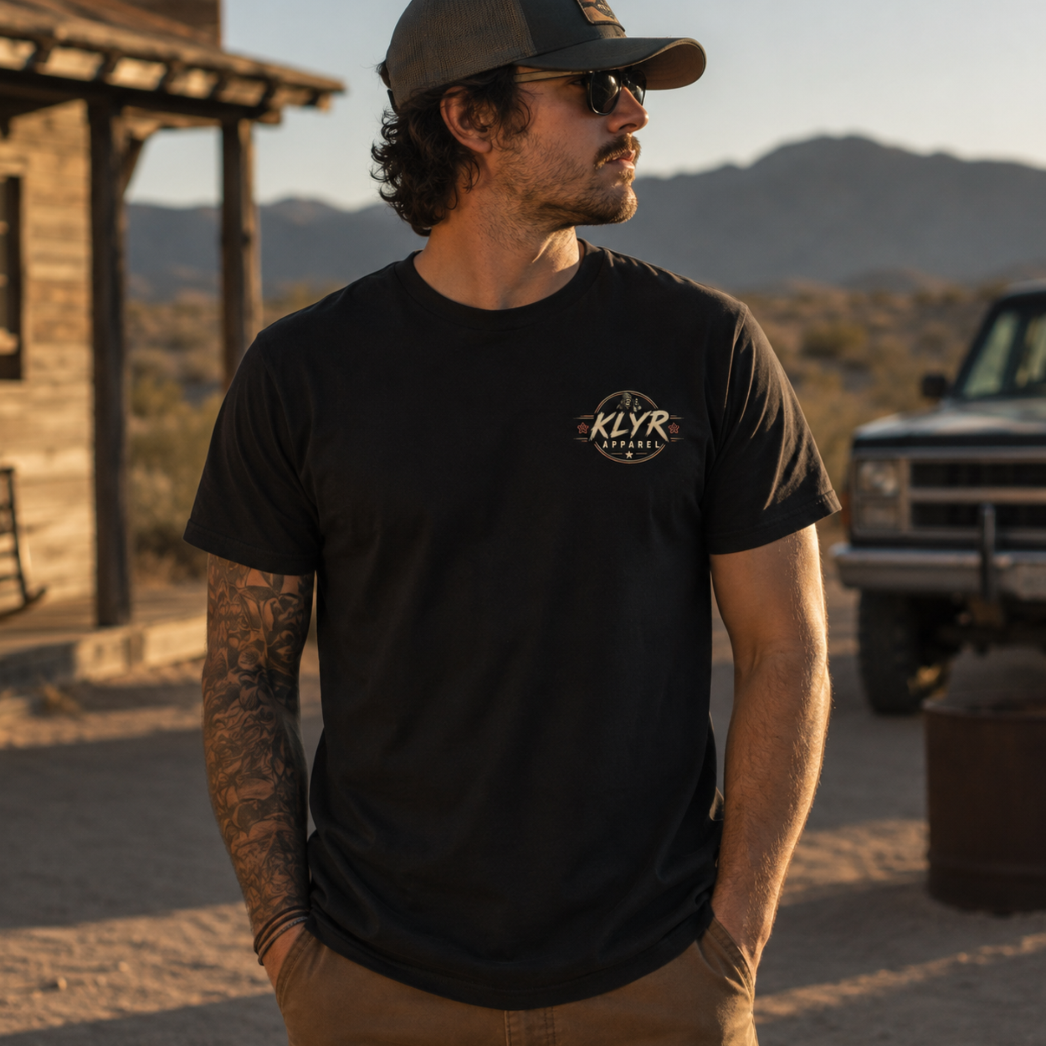 Person wearing the black Fueled by Coffee Tee with the matching KLYR chest badge visible.