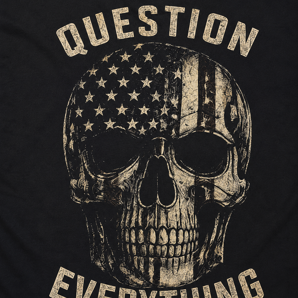 Close-up of the distressed American flag skull artwork on the KLYR Independent Tee.
