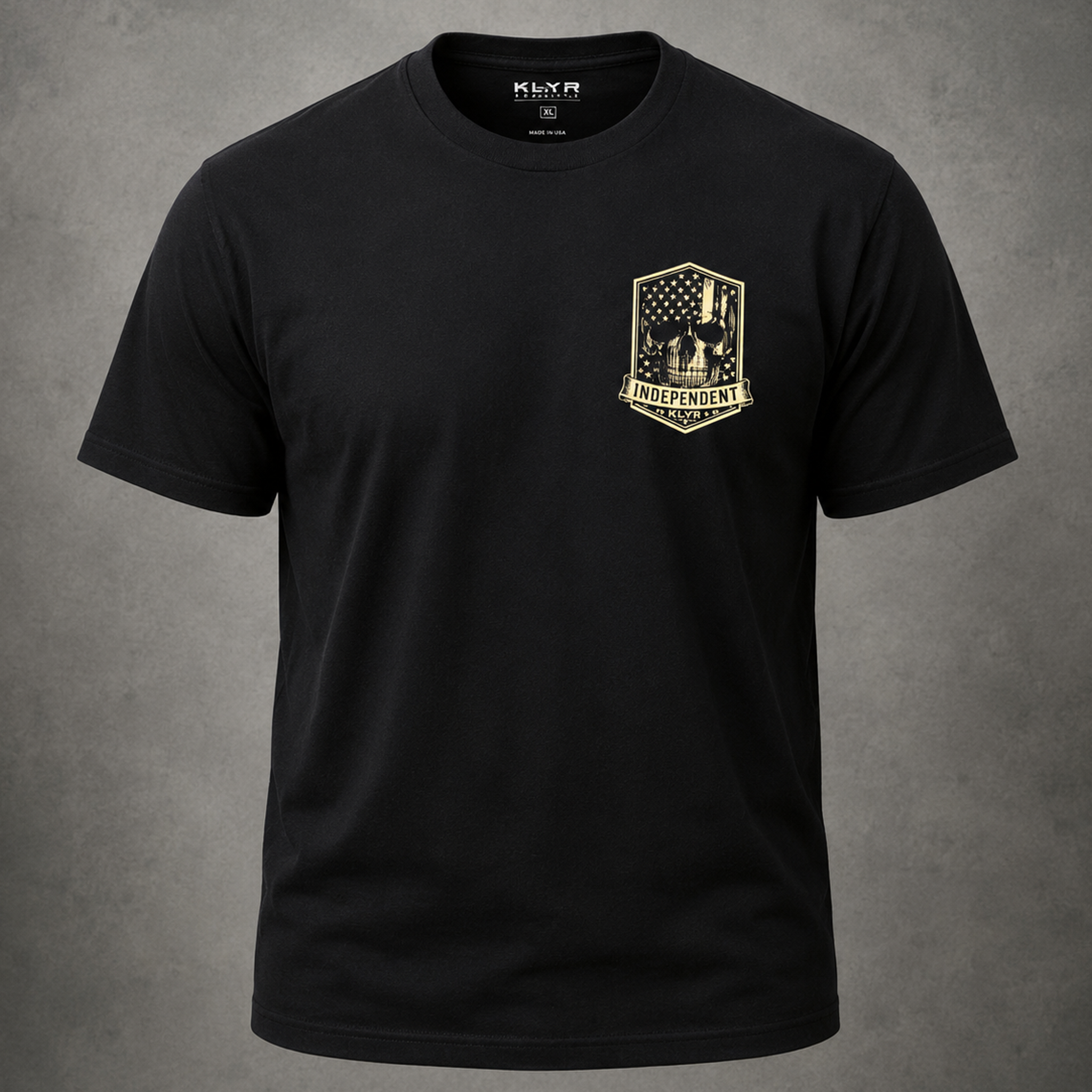 Front view of the black KLYR Independent Tee featuring a cream Independent skull chest badge.