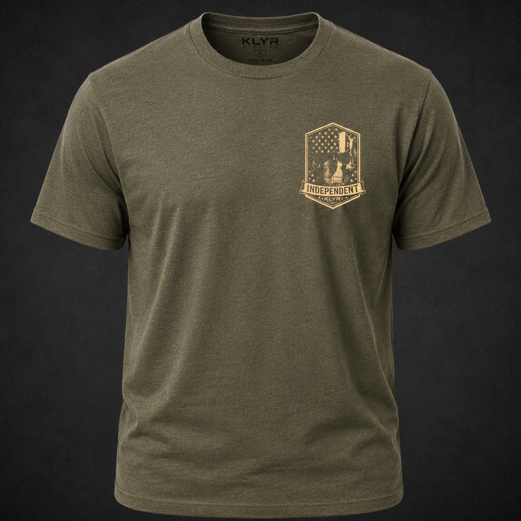 Front view of the military green KLYR Independent Tee featuring a cream Independent chest logo.