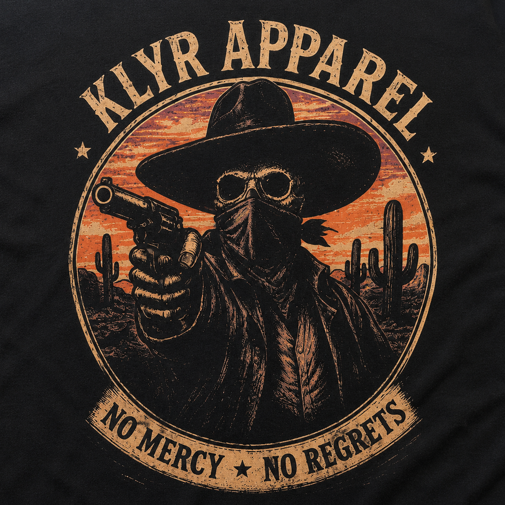 Close-up of the distressed Western outlaw artwork on the KLYR Last Warning Tee.