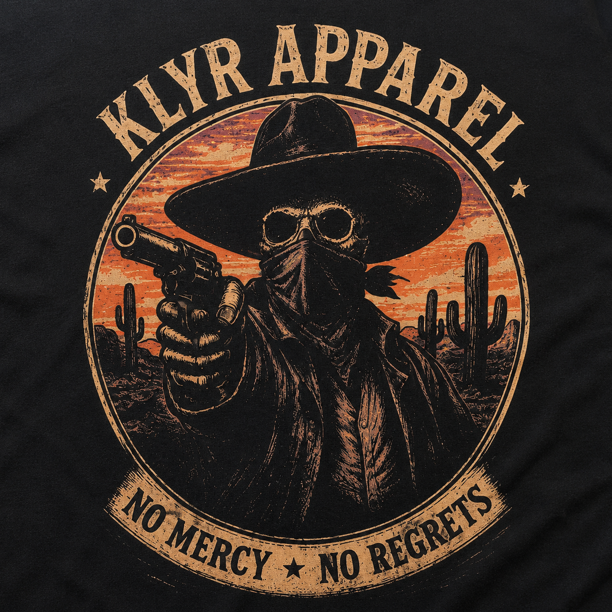 Close-up of the distressed Western outlaw artwork on the KLYR Last Warning Tee.