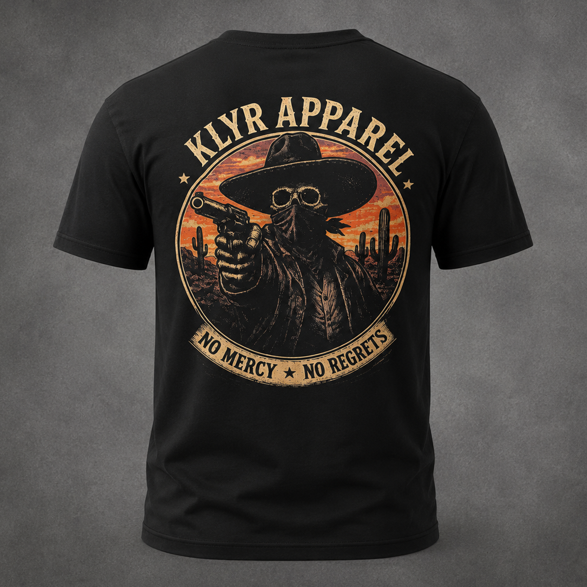 Back view of the black KLYR Last Warning Tee featuring a masked Western outlaw, desert sunset, and No Mercy No Regrets graphic.