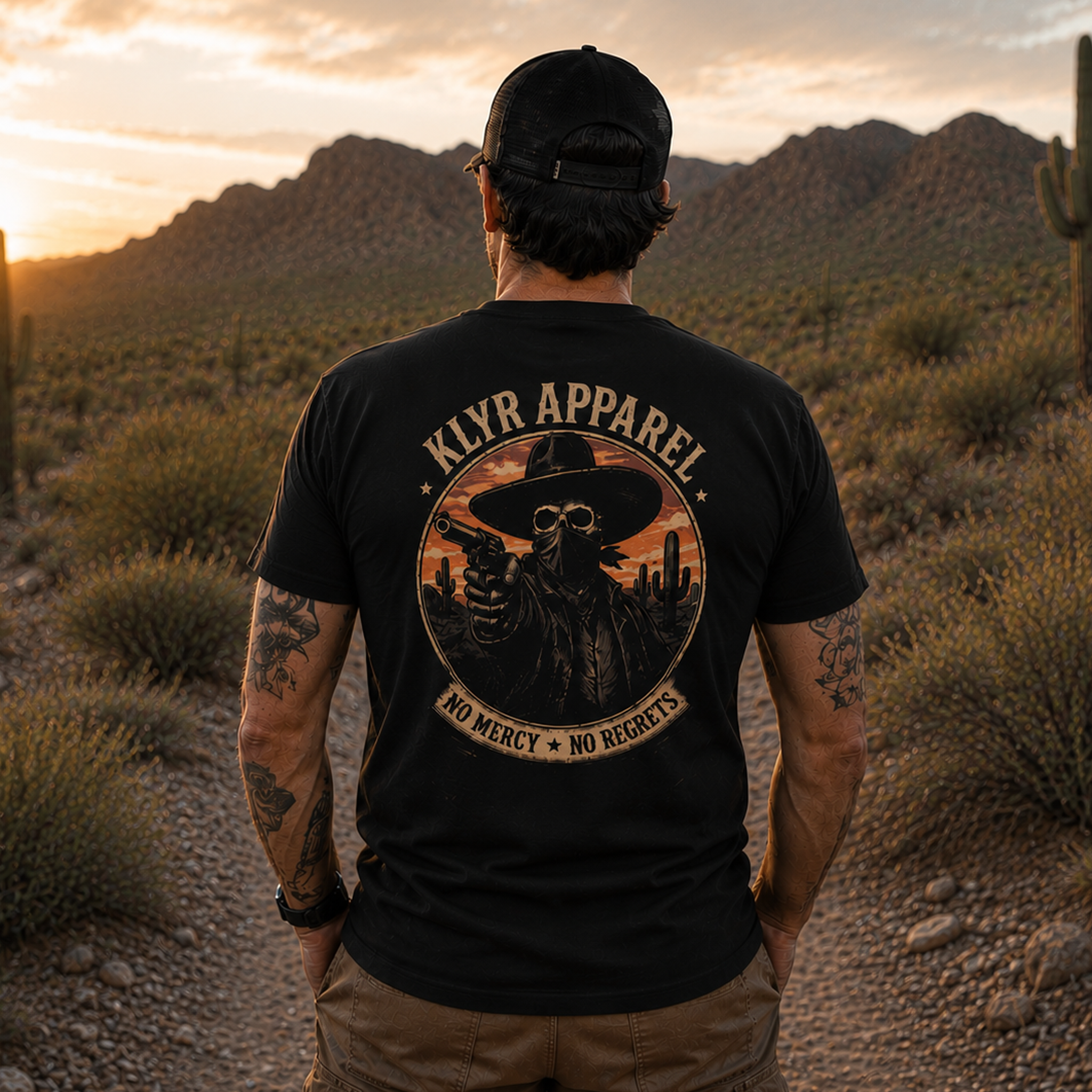 Person wearing the black Last Warning Tee with the vintage Western outlaw back graphic visible.