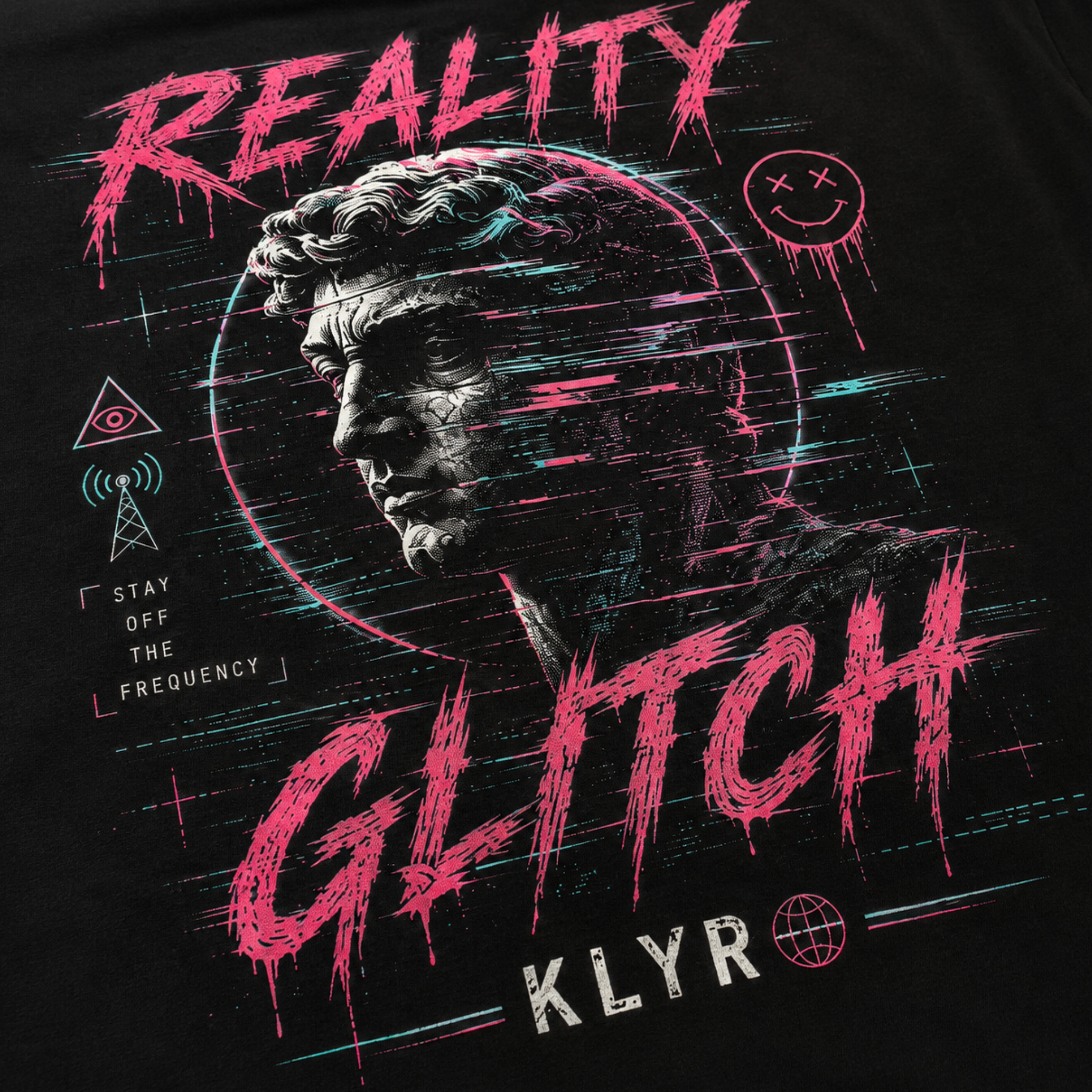Close-up of the neon statue, glitch lines, and Reality Glitch lettering on the black KLYR tee.