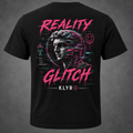 Back view of the black KLYR Reality Glitch Tee featuring a neon distorted statue and digital interference artwork.