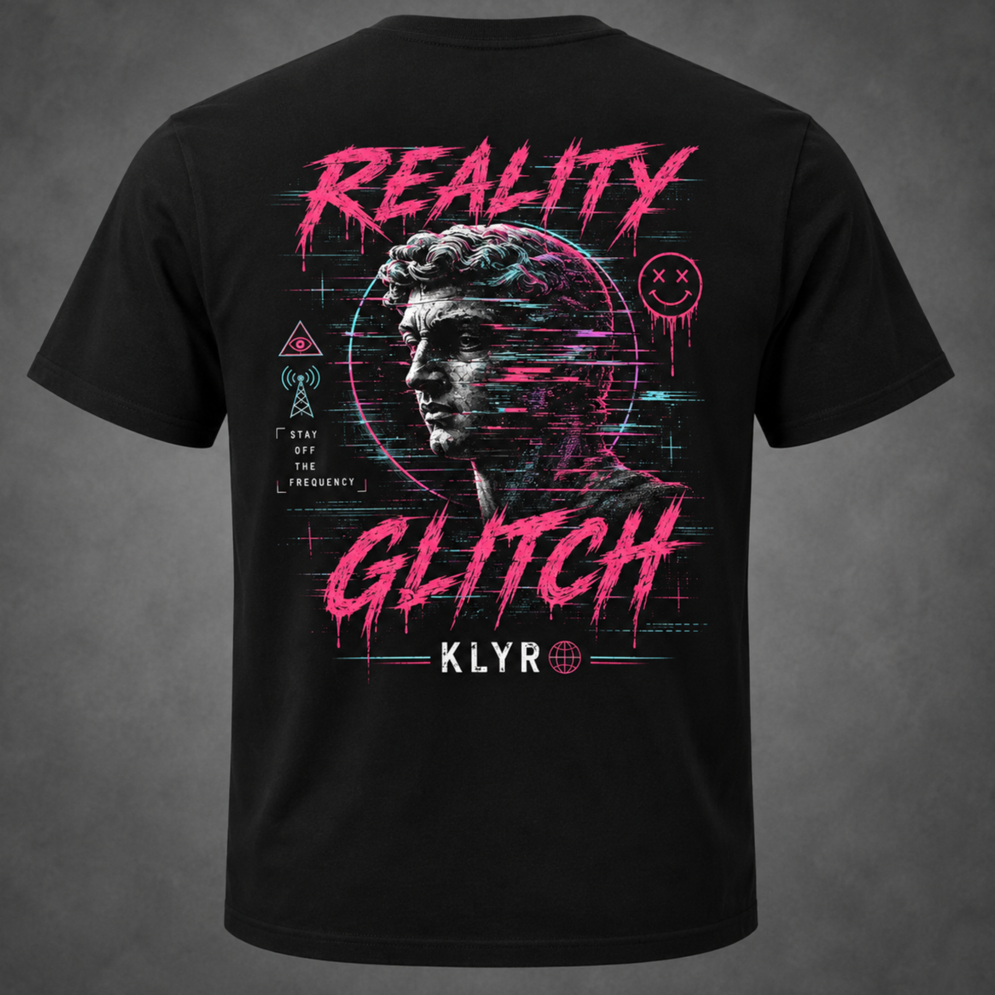 Back view of the black KLYR Reality Glitch Tee featuring a neon distorted statue and digital interference artwork.