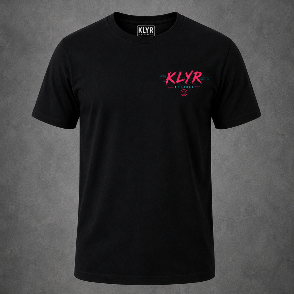 Front view of the black Reality Glitch Tee featuring a neon pink and cyan KLYR Apparel chest logo.