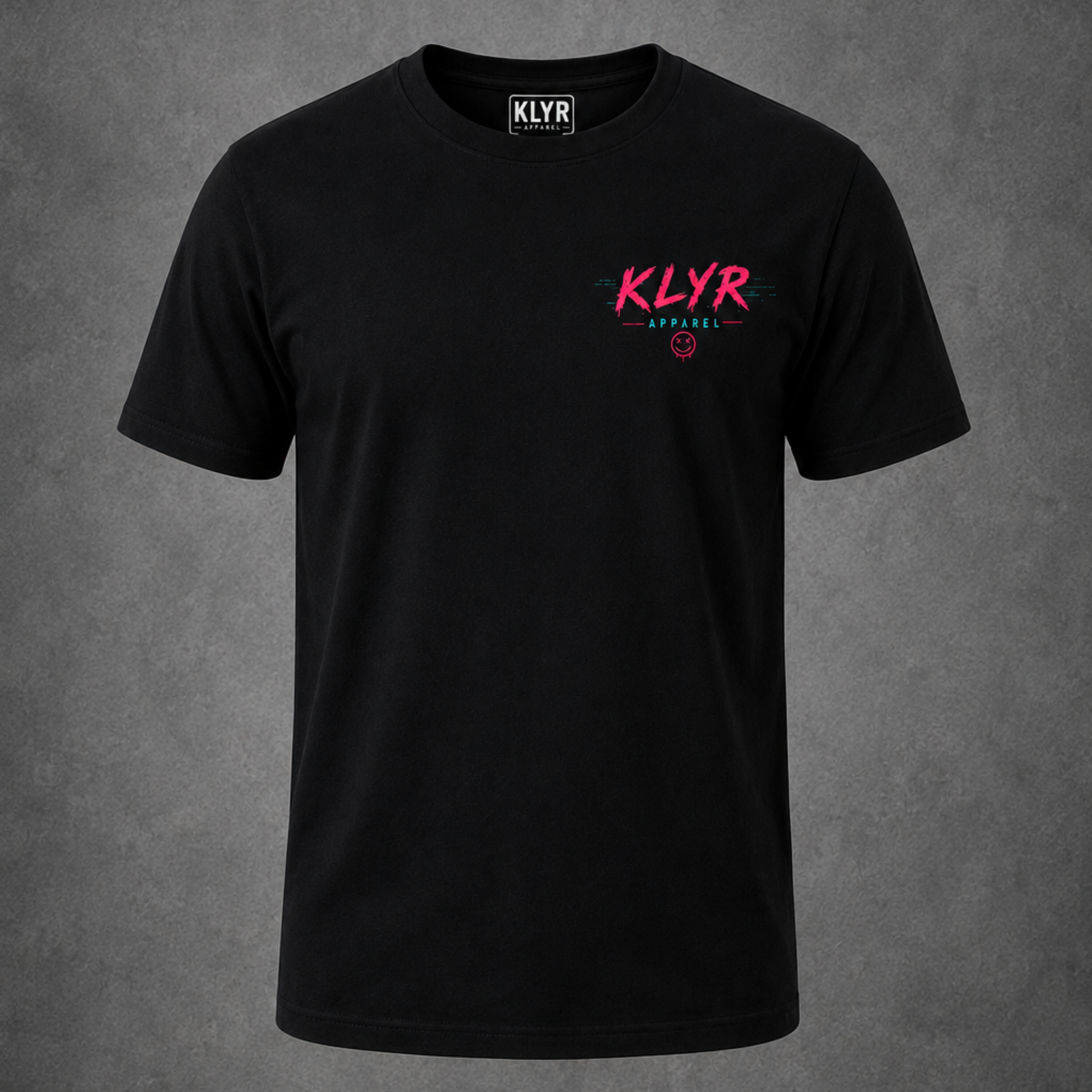 Front view of the black Reality Glitch Tee featuring a neon pink and cyan KLYR Apparel chest logo.